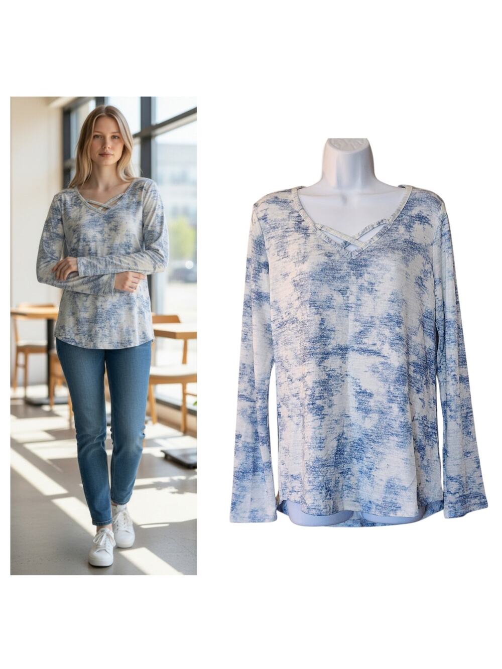 Sonoma Womens Pullover Tunic Sweater Size S Blue White V-Neck Long Sleeve Soft